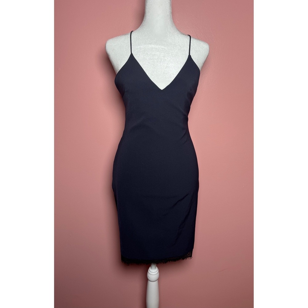 Alice + Olivia Bodycon Mini Dress Womens 4 Navy Blue Good Lace Hem Open Back